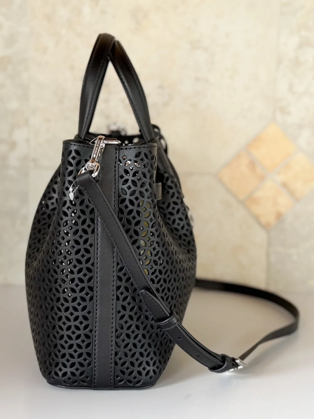 Michael Kors Carson MD Satchel Shoulder Bag MK Laser Cut Black